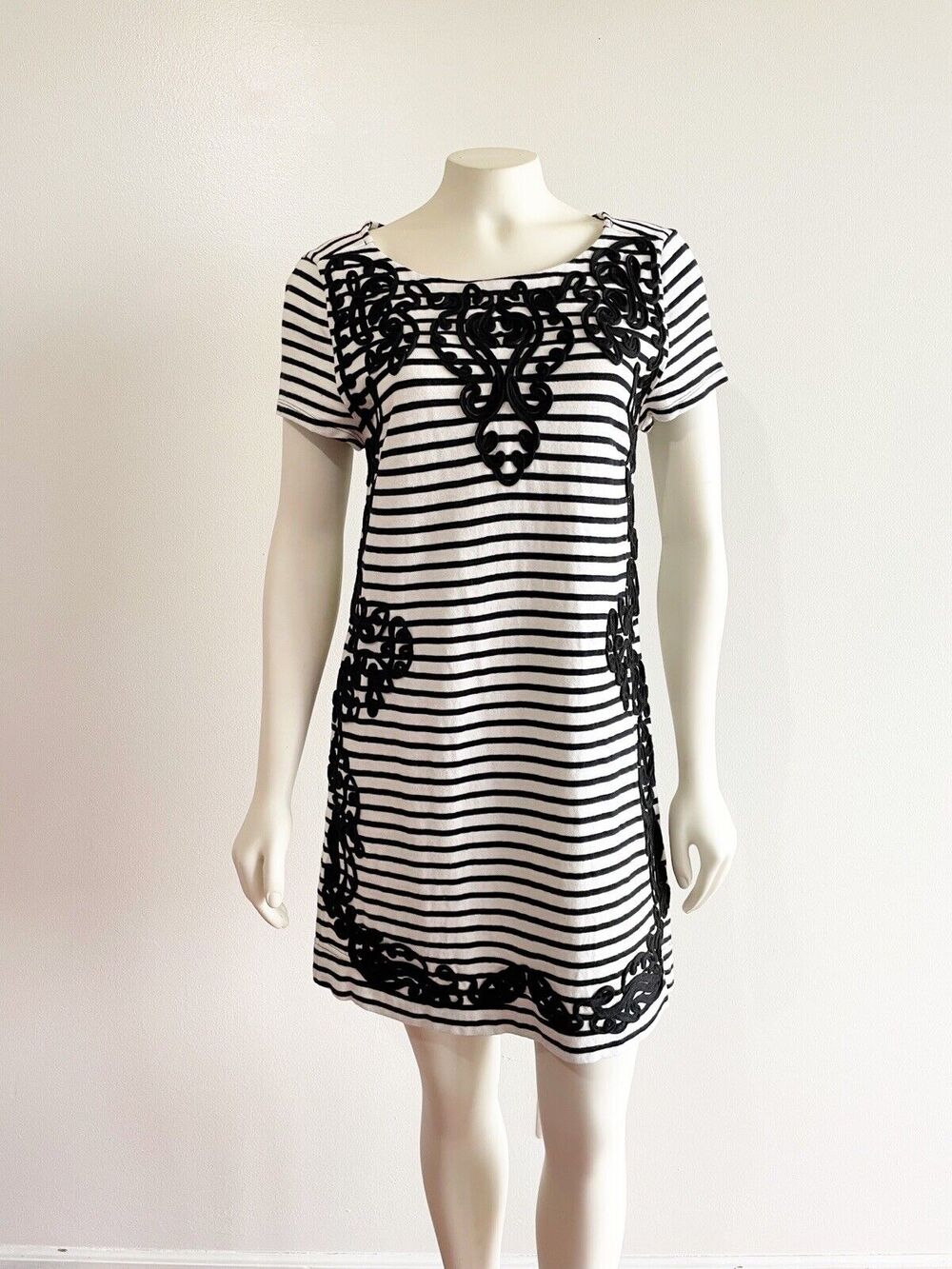 Anthropologie Postmark Stamp Cotton White Black Stripe Embroidered Dress Medium